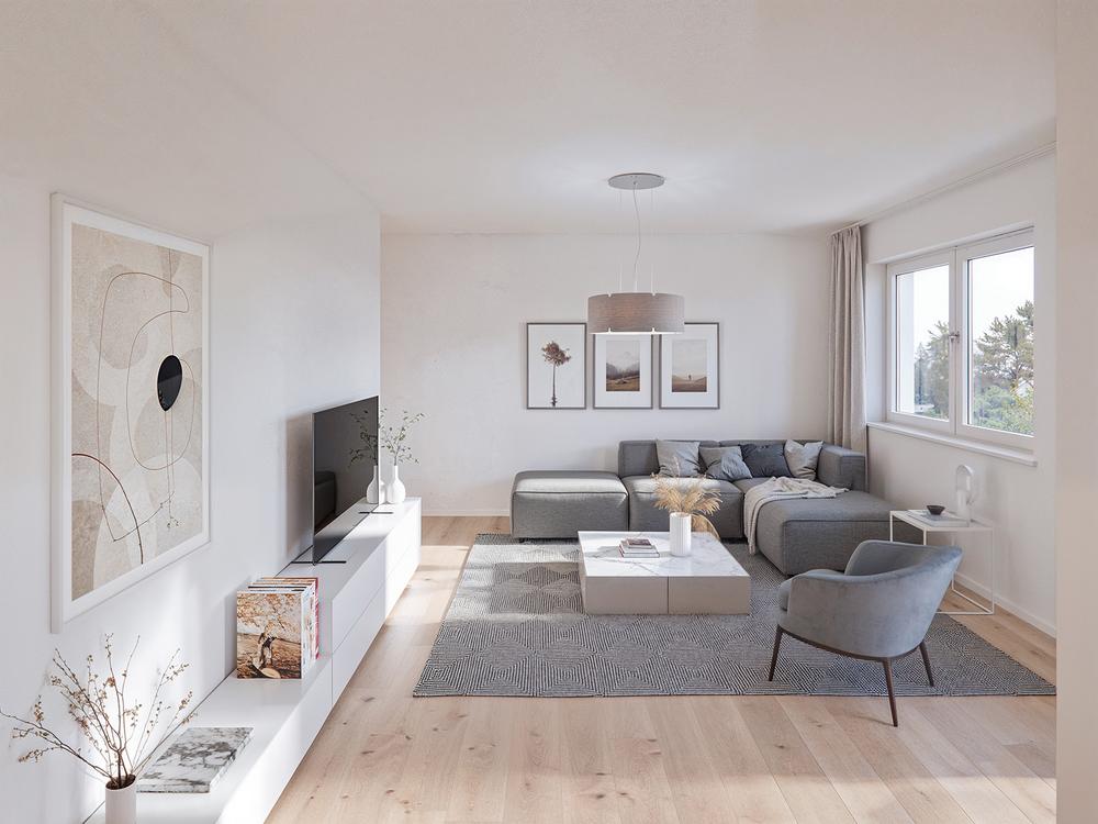 Bild Neubau Eigentumswohnungen Gaulskopfstraße Ober-Mörlen: Visualisierung eines hellen Wohnzimmers