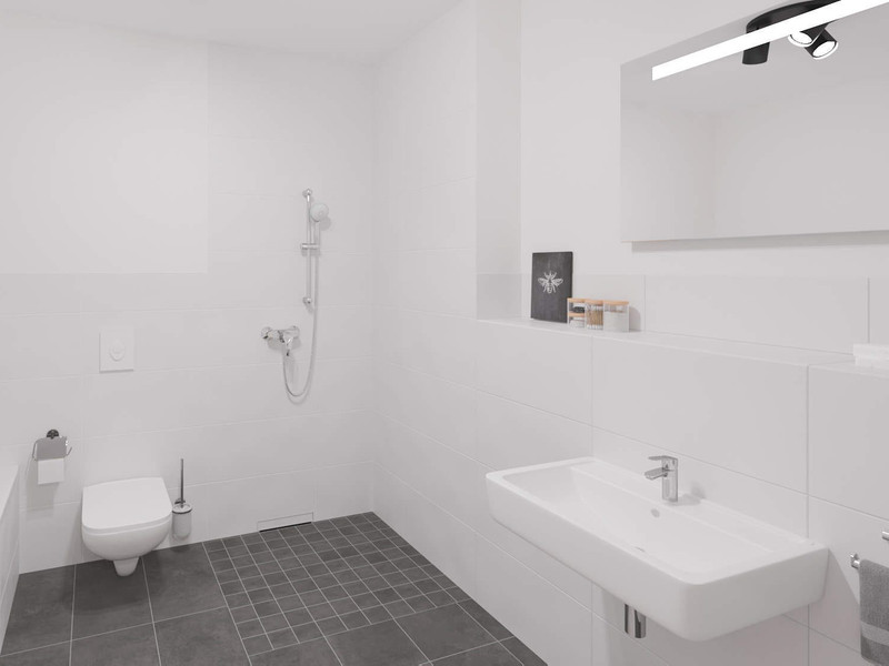 Modern gefliestes Badezimmer mit bodengleicher Dusche und Badewa